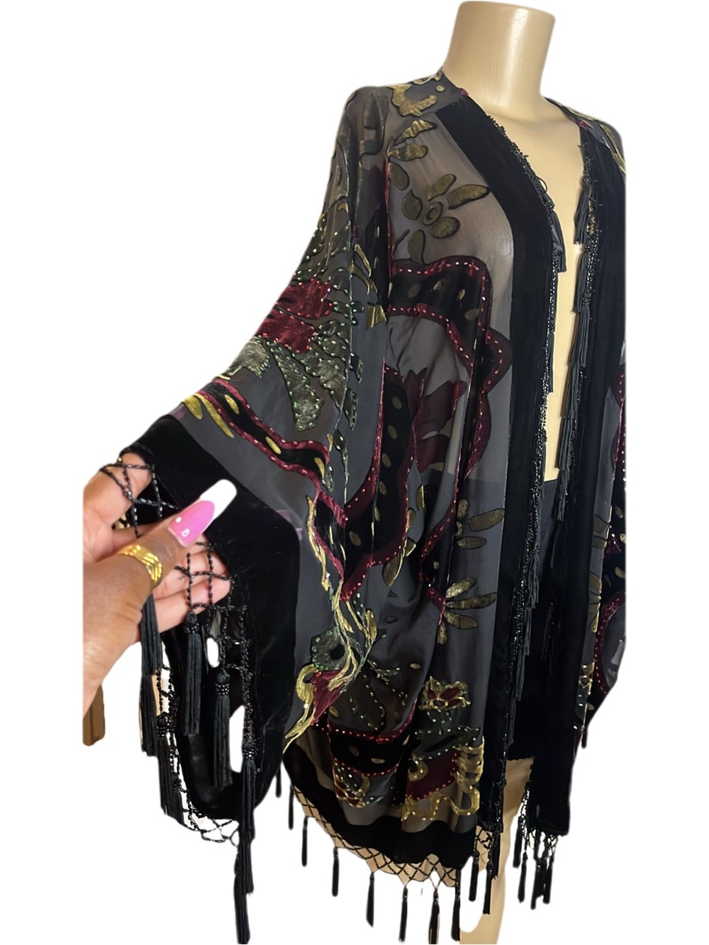 Vintage 90s J.B.S Ltd Abstract Floral Semi Sheer Fringe Duster - Picture 3 of 7